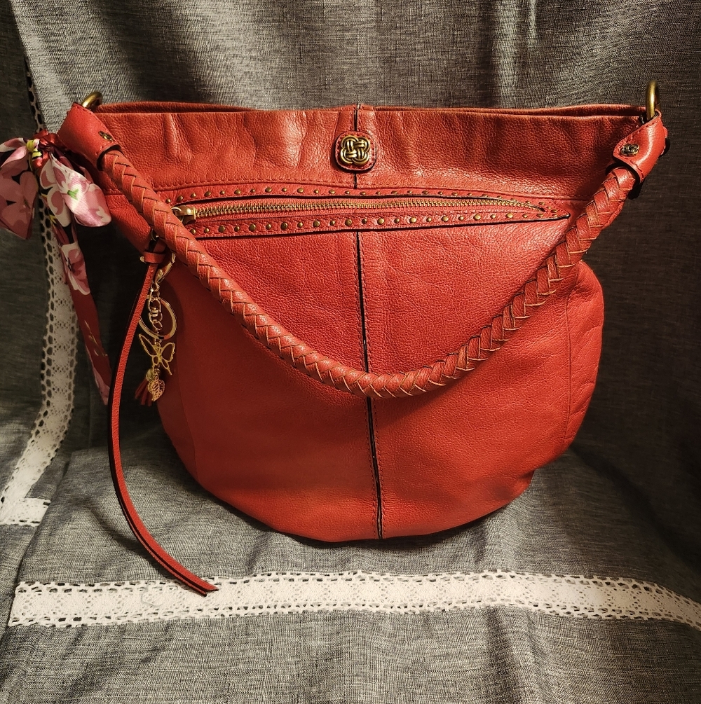 Elliot Lucca Red Lg Hobo Stud Detail Tumbled Leather Braided Strap GUC